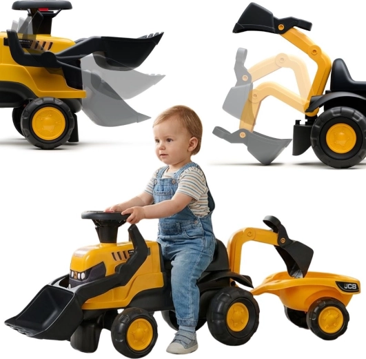 Детско возило за бутане трактор JCB с ремарке, лопатка и гребла за деца 1–3 г.