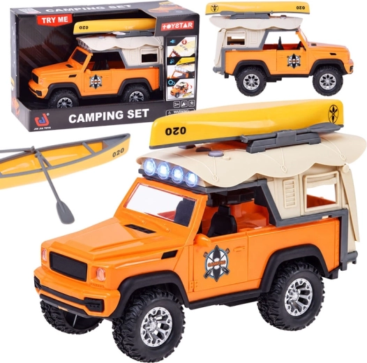 Off-road camping vehicle with kayak and paddles, with lights and sound