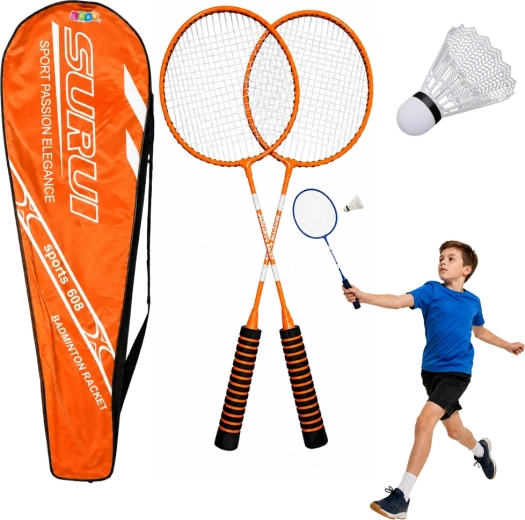Badminton set with 2 rackets, shuttlecock and bag – orange