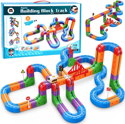 Magnetic building set with train track, 114 pieces