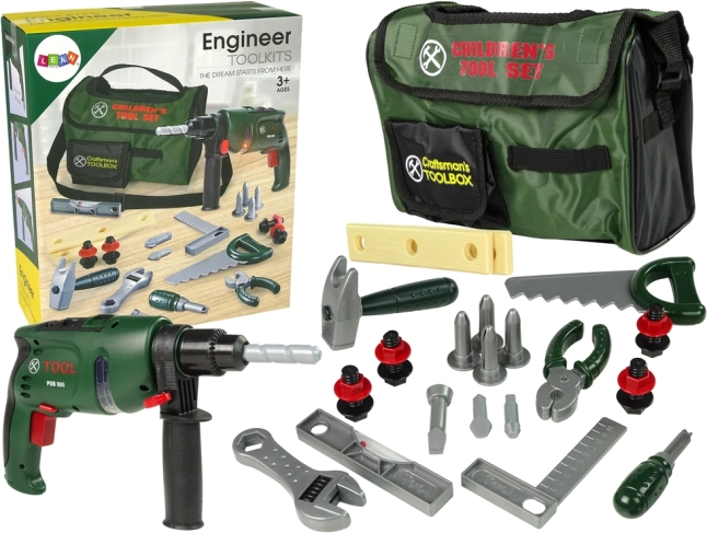 Детски комплект инструменти в чанта с бормашина, чук и трион