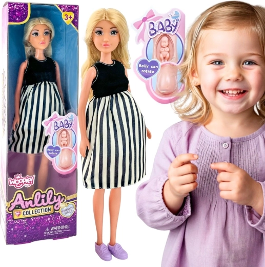 Woopie Royal pregnant doll Lily in a black-and-white striped dress