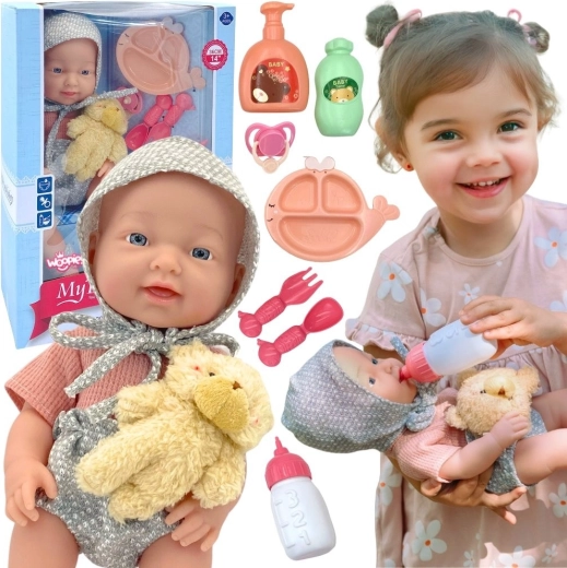 Baby Doll 36 cm with Outfit, Teddy Bear and Feeding Accessories WOOPIE ROYAL