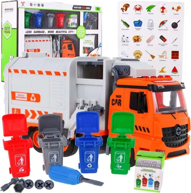 Интерактивен боклукчийски камион за деца 3+ с 4 контейнера и карти за разделно събиране на отпадъци