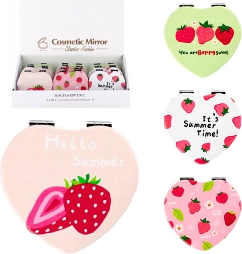 Heart-shaped pocket mirror with strawberries - 1 piece