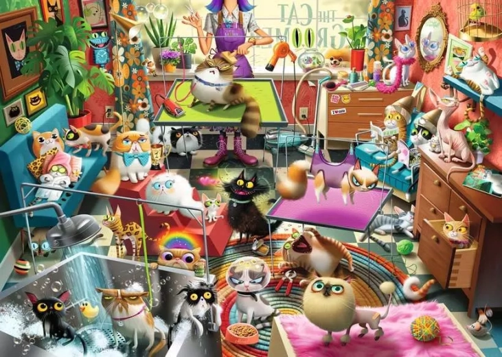 Пъзел Ravensburger „Котешки фризьорски салон“ 1000 части