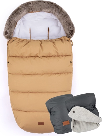 PETITE&MARS footmuff 4-in-1 Comfy elegant caramel + Jasie hand muff charcoal grey