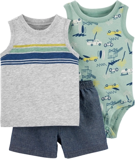 CARTER'S 3-piece set: sleeveless bodysuit, tank top and shorts grey cars for boys – 24m