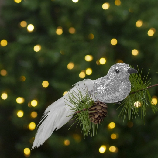 Glittery Christmas Bird with Clip, Silver - 2 Pieces