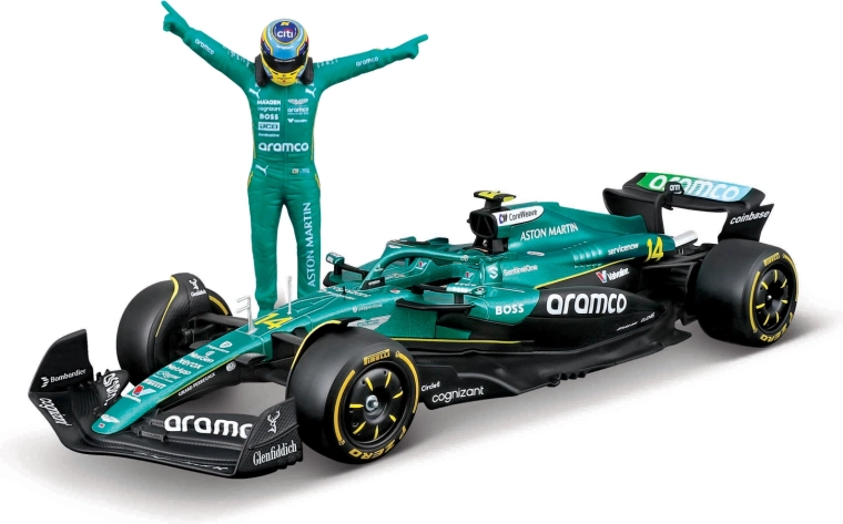 Bburago Formula 1 model Aston Martin AMR25 2025 with driver figure Fernando Alonso (No. 14) 1:24