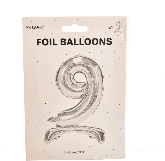 Standing foil balloon number 9, silver, 70 cm