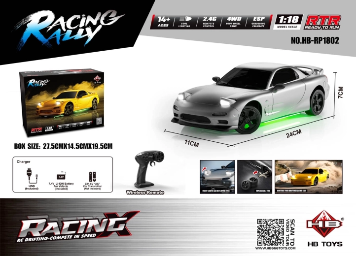 TurboSlide RC Drift Car 1:18 with Light Effects, Silver
