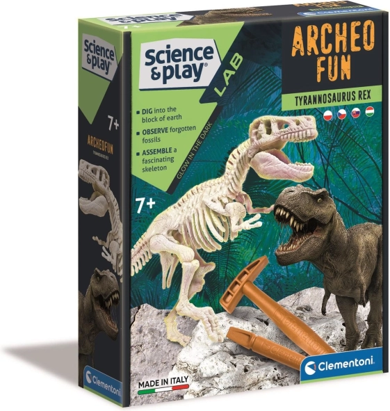 Clementoni Science & Play Archeo Fun: тиранозавър рекс – археологически комплект със светещ скелет