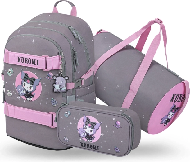 Baagl комплект 3 Skate Kuromi Grey – ученическа раница, несесер и спортна чанта (GRS)