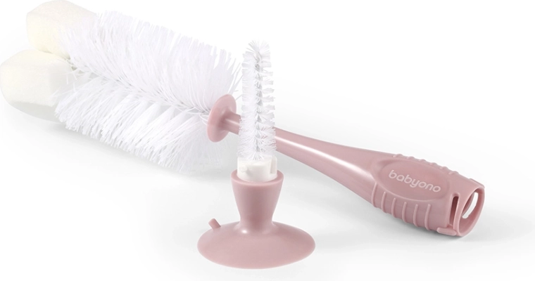 BabyOno bottle and teat brush with suction cup, beige