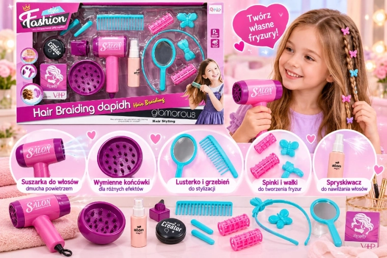 Children's hairdressing set with electric hair dryer and accessories