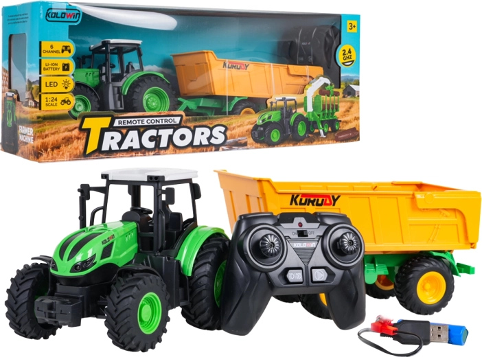 Remote-controlled tractor with opening yellow trailer 1:24