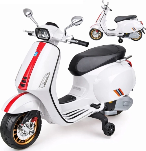 Children's electric VESPA scooter with melodies and training wheels – White