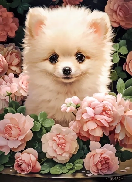 Puzzle Pomeranian Puppy in Roses 60 pieces