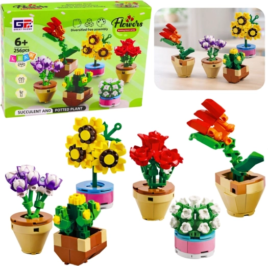 Flower Building Set in Pots, 256 Pieces, 6 Models