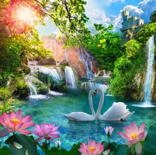 Norimpex diamond painting Swans by a waterfall 30 × 40 cm