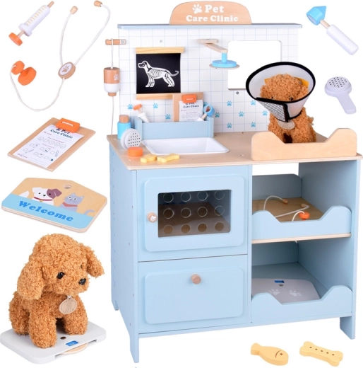 Wooden veterinary clinic for kids with plush dog and accessories