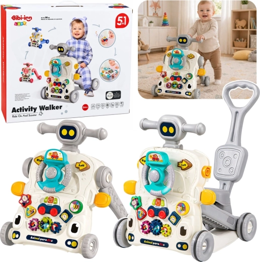 Interactive 5-in-1 educational walker with table and ride-on, grey
