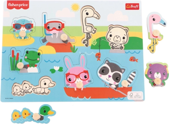 Дървен пъзел за поставяне Fisher-Price Животни край водата