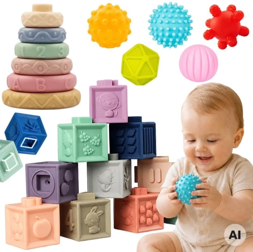 Woopie Baby меки сензорни кубчета и гризалки – комплект 23 бр.
