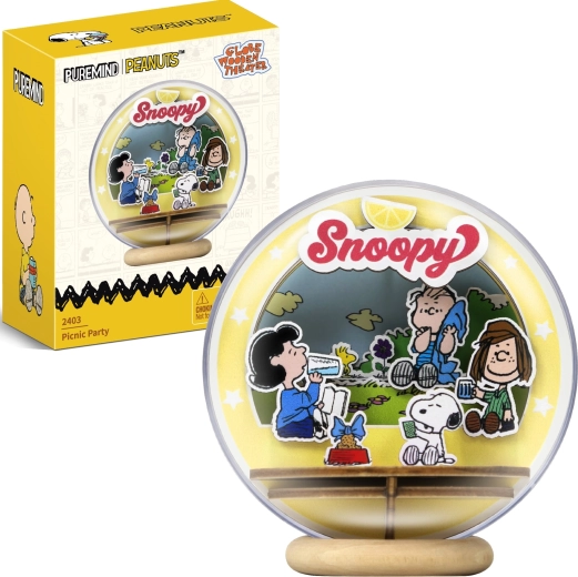 Puremind дървен 3D модел SNOOPY PEANUTS – пикник в парка в прозрачна сфера