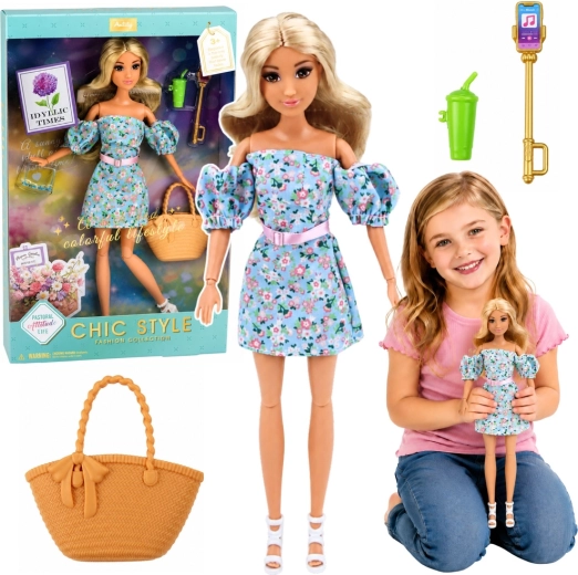 Кукла Anlily Fashion в сини рокли на цветя с чанта и аксесоари