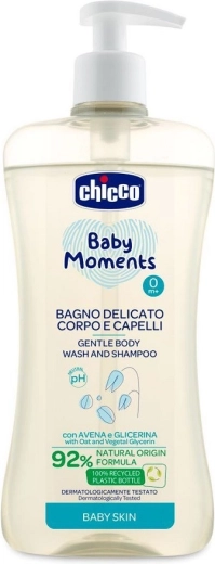 Chicco нежен шампоан за коса и тяло Baby Moments 92% съставки с естествен произход 500 мл