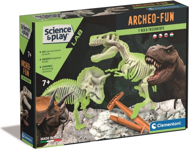 Clementoni Science & Play ArcheoFun: T‑Rex и Трицератопс – археологически комплект със светещи скелети