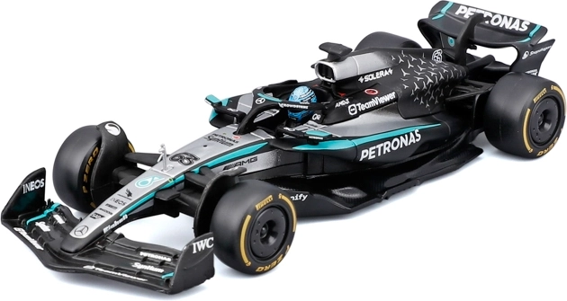 Bburago Formula 1 model Mercedes‑AMG Petronas W16 2025 George Russell in an acrylic display case (1:43)