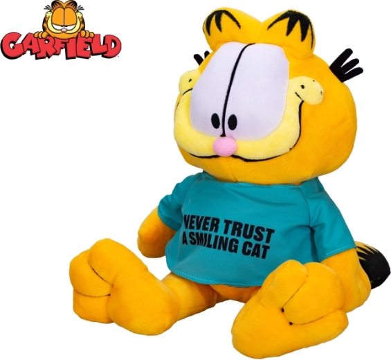 Плюшен котарак GARFIELD 28 см – тениска „Never trust a smiling cat“