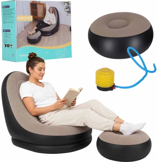Inflatable lounge chair with footstool and foot pump