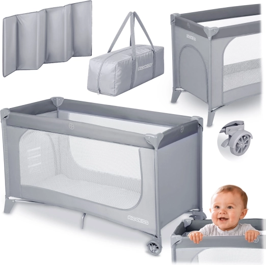 Туристическа кошара Ricokids с матрак и чанта, сива