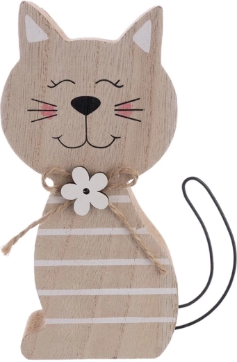 Wooden Cat Decoration, Beige, 15 cm