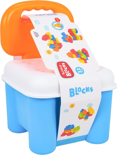 Set of soft building blocks with a blue storage stool