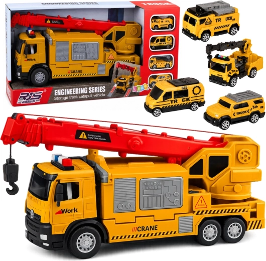 Yellow crane truck vehicle transporter with lights and sounds (4 mini vehicles)