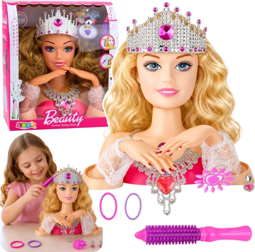 Doll Head for Styling with Crown and Accessories
