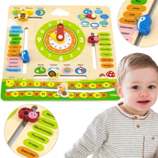 Дървен обучителен календар с часовник Viga – На английски
