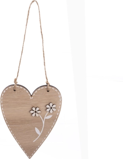 Hanging Wooden Heart Decoration with Flower, Beige, 13 cm