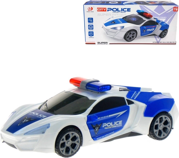 Battery-powered police car with lights and sound, bump-and-go function and 360° rotation