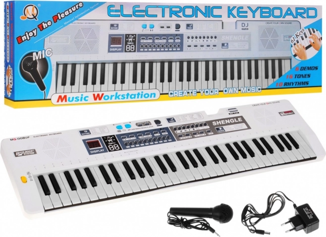 Бял детски клавирен комплект с микрофон, запис и стерео високоговорители