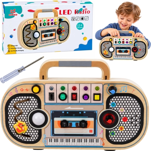 Wooden interactive sensory radio with LED lights and sounds