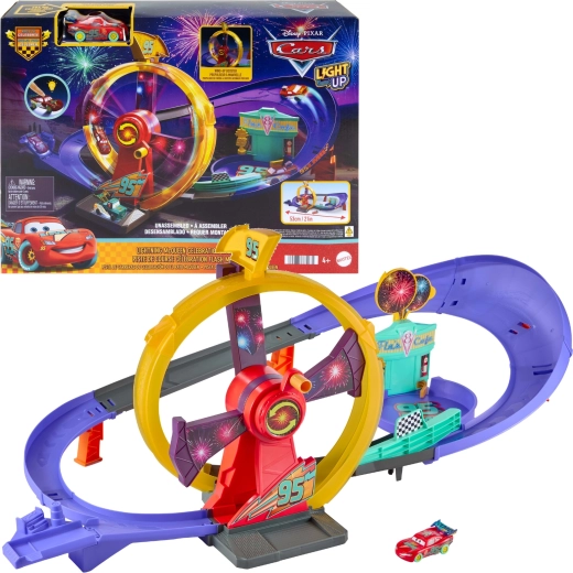 Mattel Disney Pixar Колите състезателна писта „Празненства при потегляне“ със светещ Светкавицата Маккуин