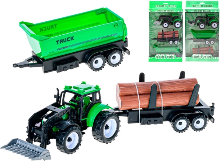 Green tractor with front loader and 2 interchangeable trailers with flywheel