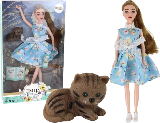 Кукла Емили пролетна с дълга коса в сини рокли и котенце
