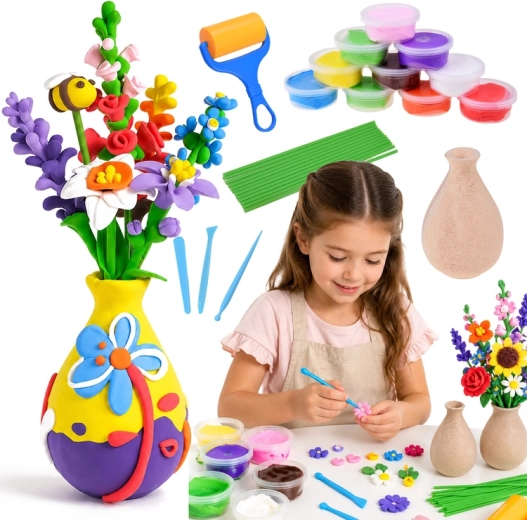 Creative DIY kit for making flowers from lightweight air-drying clay with a vase (28 pieces)